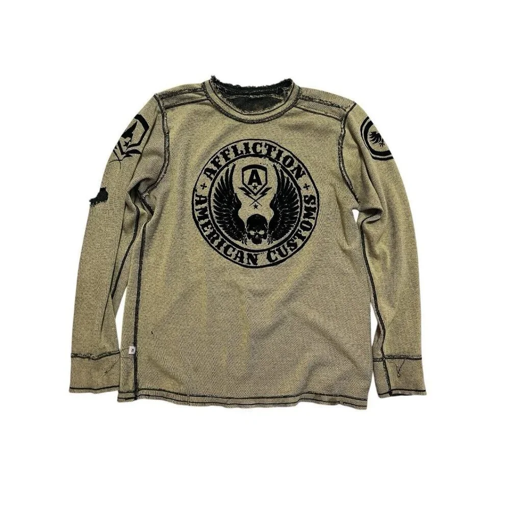 Affliction Reversible Thermal Long Sleeve Shirt Y2K Distress Graphic Mens XL